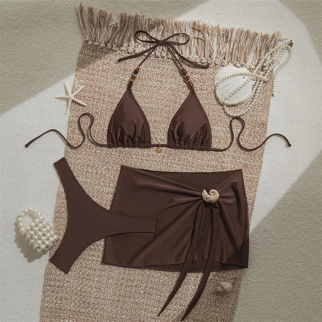 Elegant Halter Neck Bikini Set for Women with Skirt