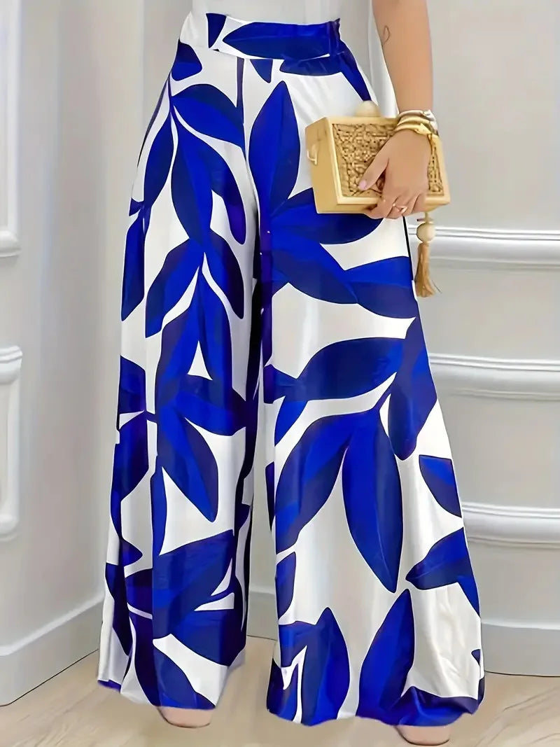 Elegant Boho Wide-Leg Trousers for Women in Blue Leaf Print
