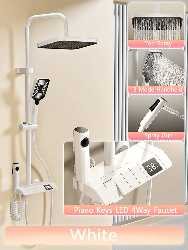 Black and White Gray Shower Set with Digital LED Display