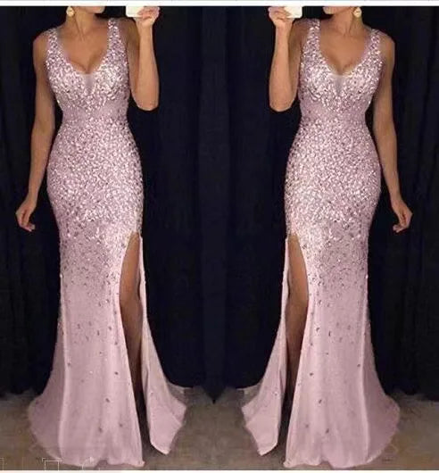 Women's Ankle-Length Slit Bronzing Dress with V-Neckline