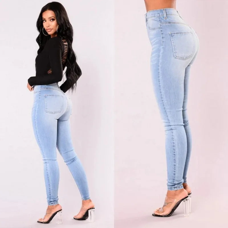 High Waist Denim Skinny Jeans for Women with Pockets