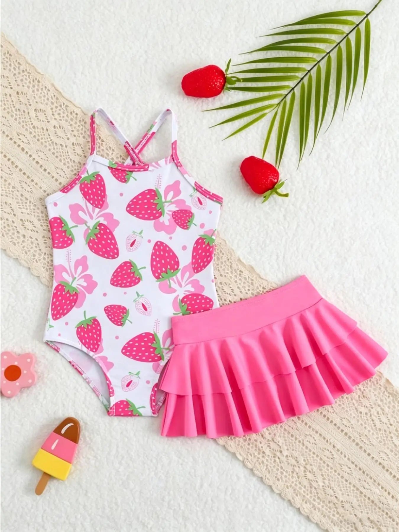 Girls' Strawberry Print One-Piece Swimsuit and Skirt Set