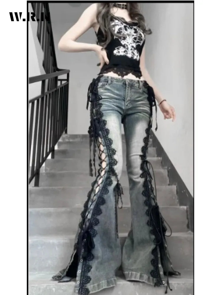 Slim High Rise Flare Jeans for Women with Lace Detail
