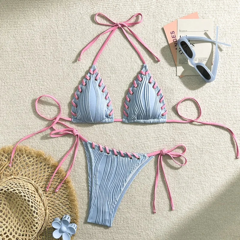 UOSU Women's Low Waist Solid Polyester Bikini Set