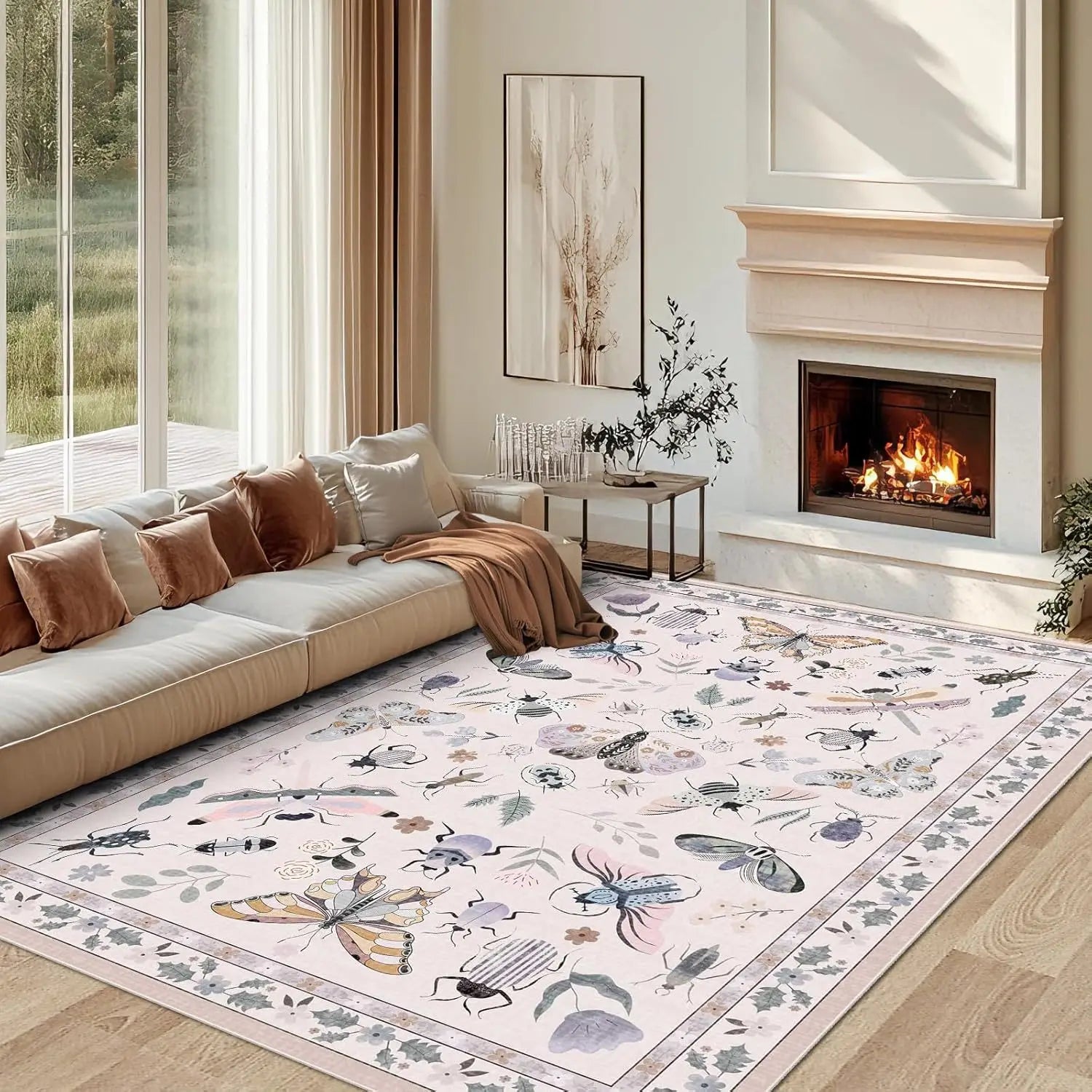 Washable Floral Pattern Living Room Rug Customizable Floor Mat