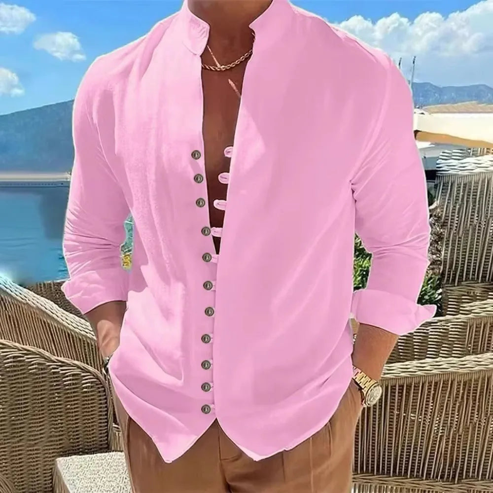 Casual Cotton Linen Shirt for Men in Solid Color