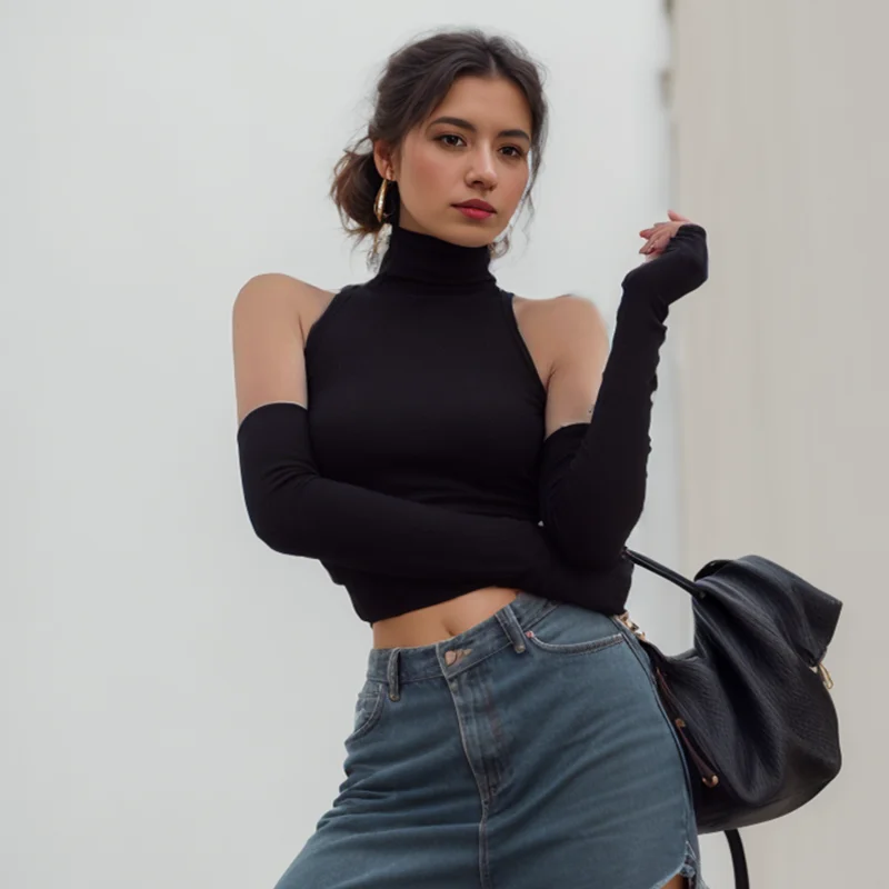 Y2k Women's Knitted Tank Top with Turtleneck and Pleats