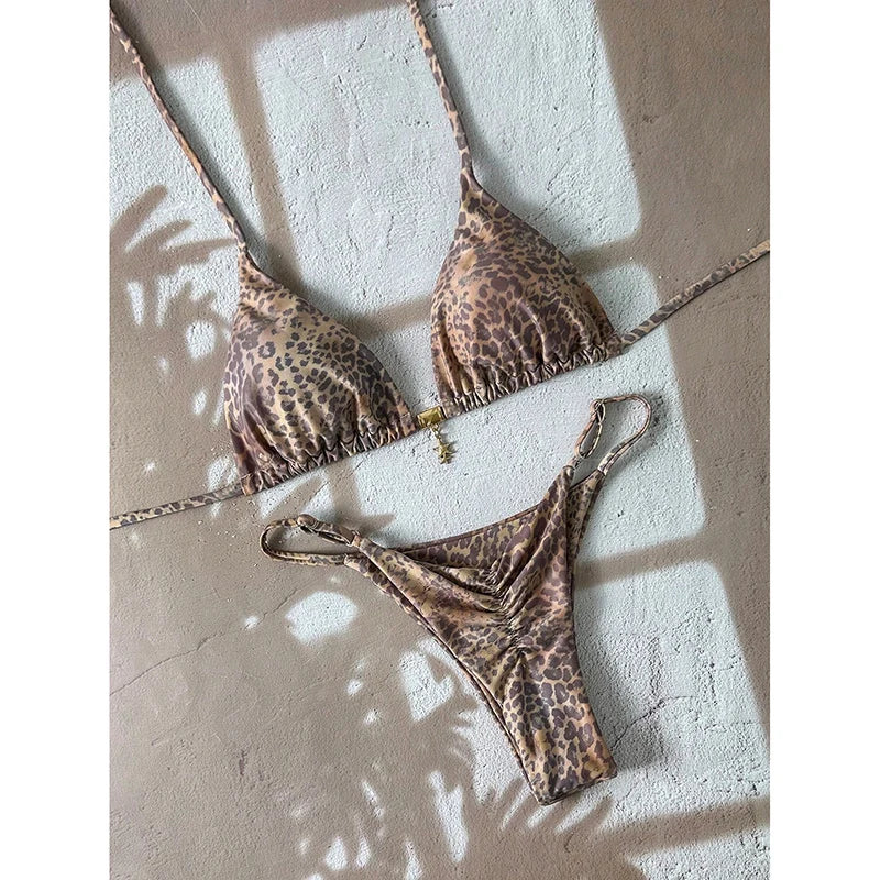 Leopard Print Micro Bikini Set for Women in Terylene