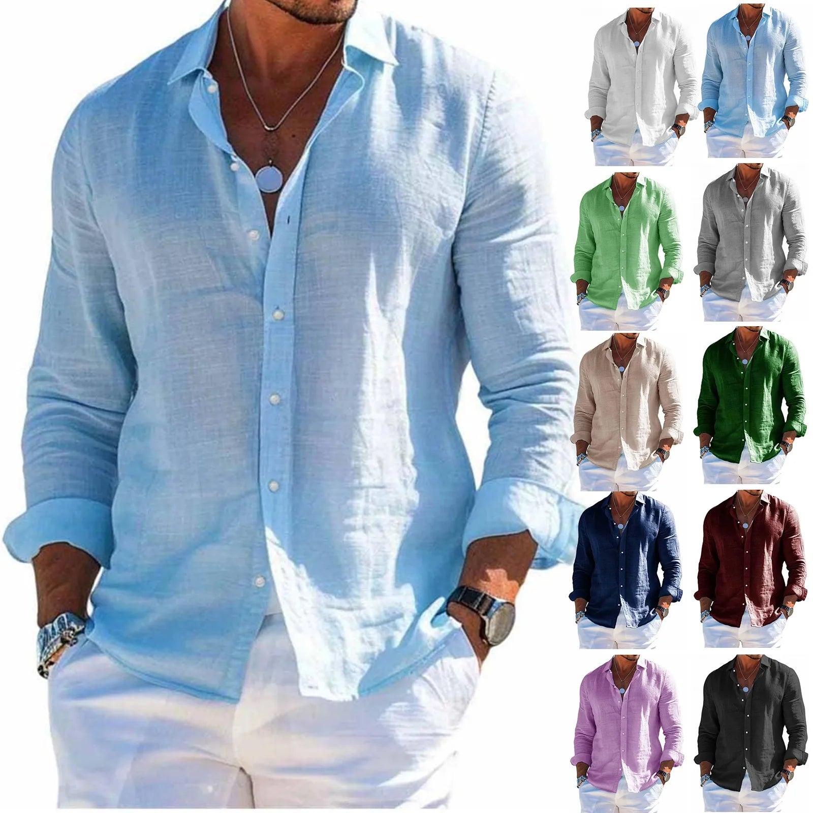 Men's Casual Long Sleeve Polyester Shirt for Spring and Summer