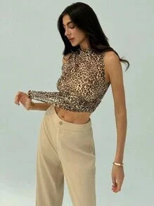 Women's Sexy Leopard Print High Neck Sleeveless Ruched Fitted Tank Top Trendy Casual Top