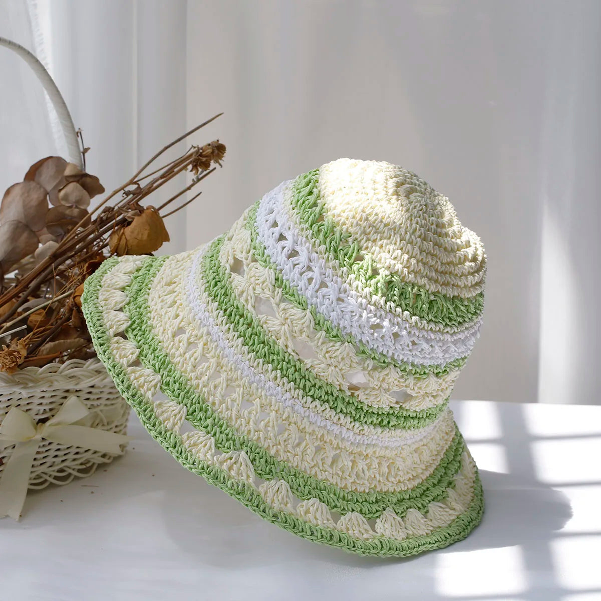 Multicolor Straw Bucket Hat for Women - Casual Summer Style