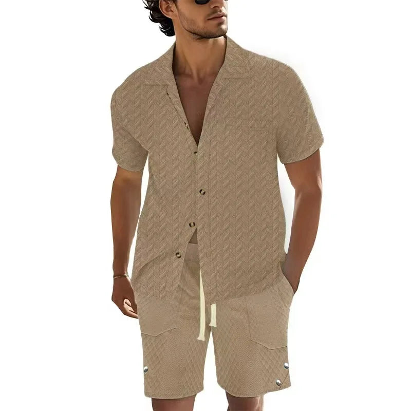 Hot Sale Men's Short-Sleeved Sets Summer Solid Loose Casual Suit Beach Style Turn-down Collar Shirts Shorts 2 Piece Sets for Men