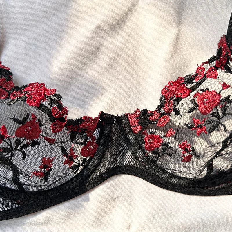 Transparent Embroidered Floral Bra and Panties Set for Women