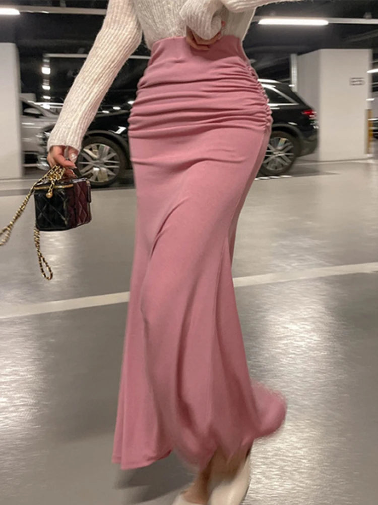 Elegant Pink A-Line Midi Skirt for Women in Satin