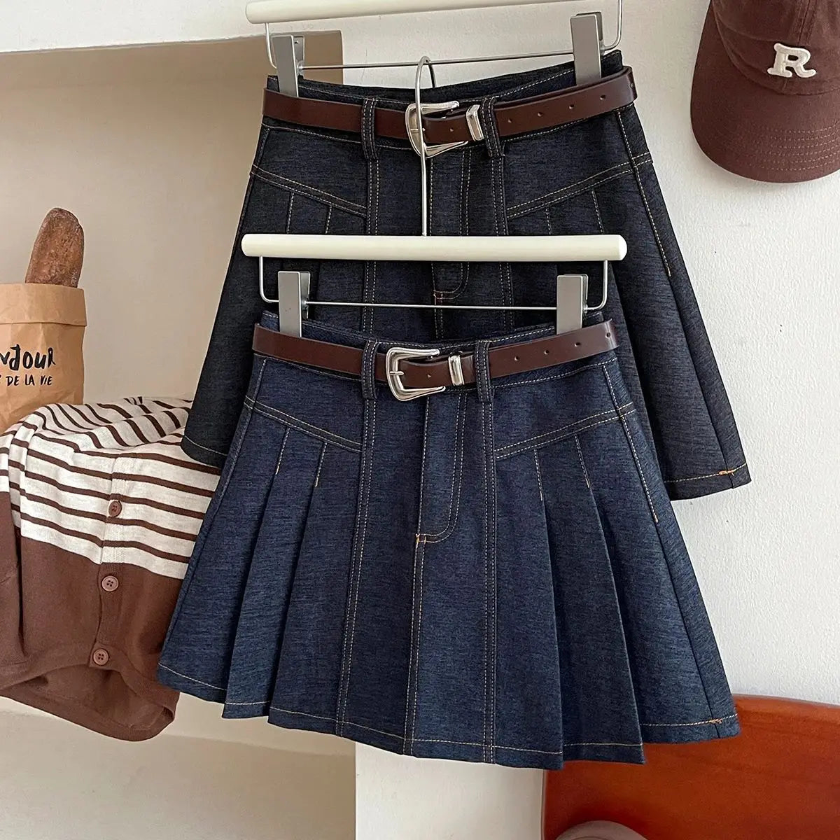 Vintage Black A-Line Skirt for Women in Imitation Denim