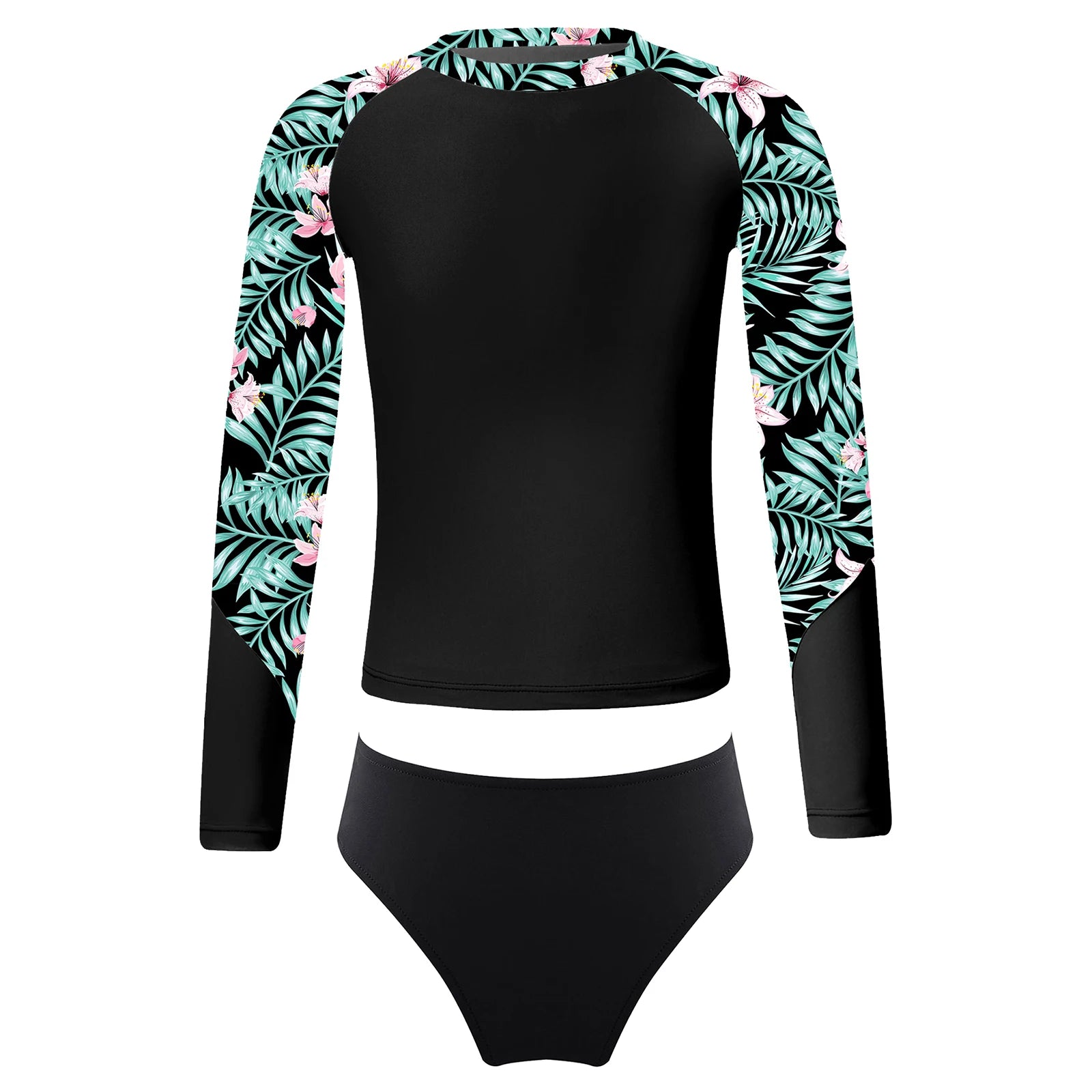 Kids Girls Long Sleeve Print Swimwear with Briefs for Beach