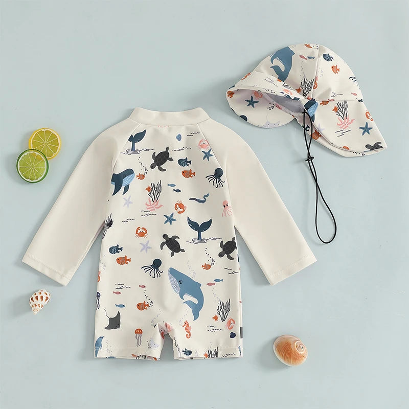 Boys Long Sleeve Marine Animal Print Swimwear with Hat