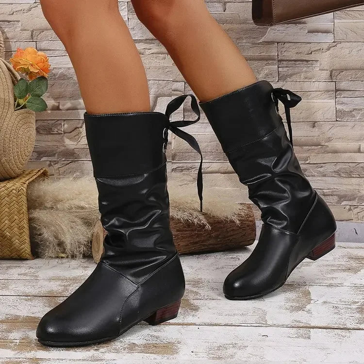 YBQJOO Women's Mid-Calf Chelsea Boots in Red, Black and White
