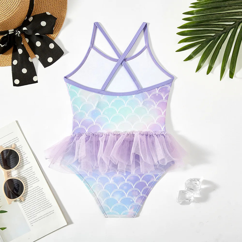 Mermaid Print One-Piece Swimsuit for Baby Girls 1-7Y