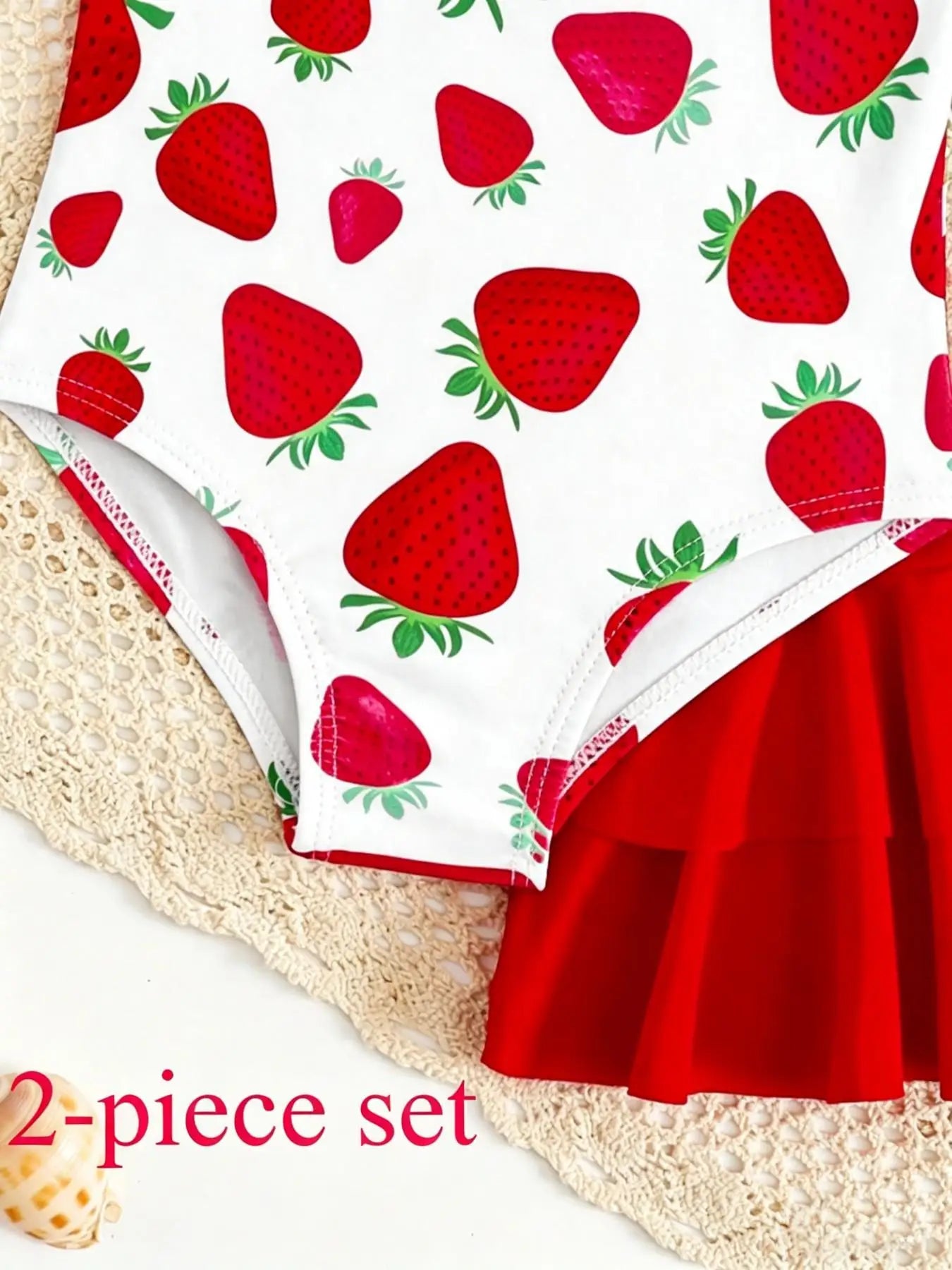 Girls' Strawberry Print One-Piece Swimsuit and Skirt Set