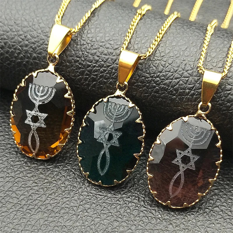 Gold Glass Menorah Star David Necklace for Unisex Fashion