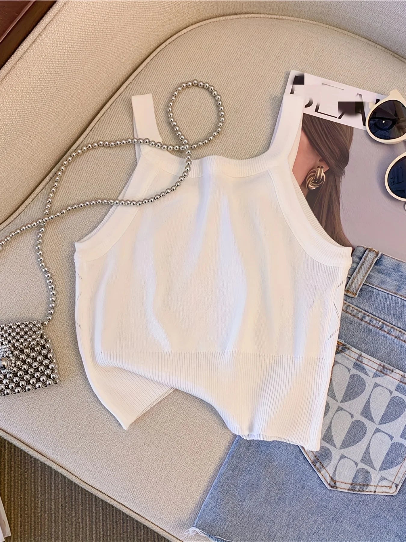 Casual Knitted Cami Top with Rhinestones for Women