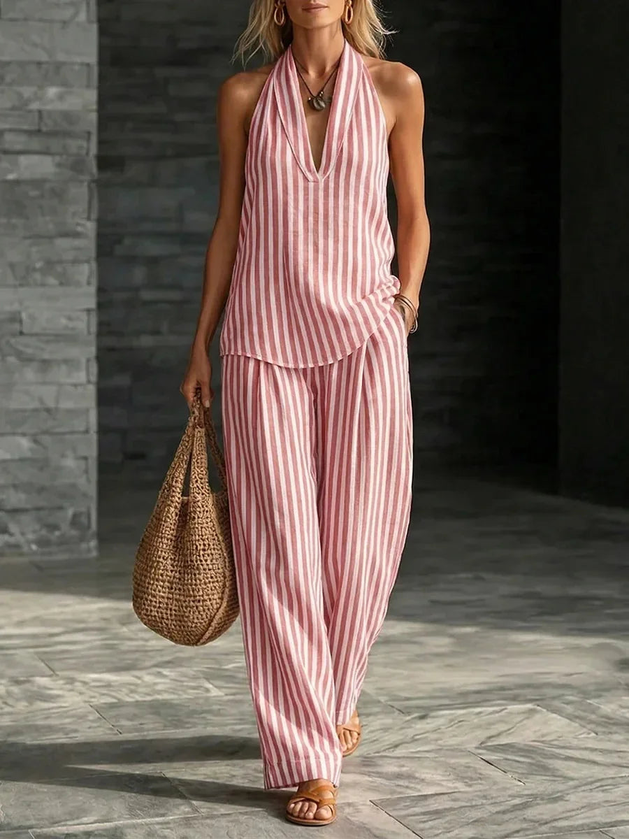 Chic Striped Wide-Leg Pants and Halter Top Set for Women