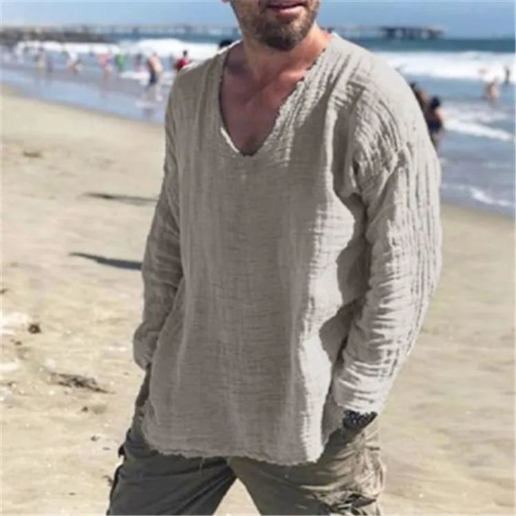 Summer Beach Handsome Men Casual Shirts Retro V-neck Long Sleeve Shirt Tops Burr Edge Pleated Loose Thin Pullover Trend Male Top