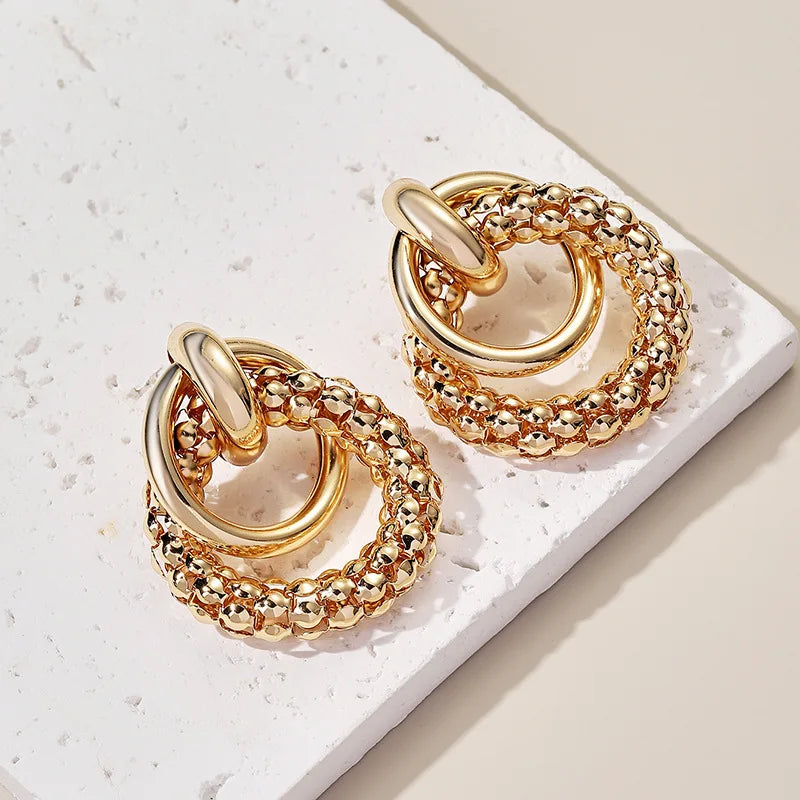 Trendy Women Drop Earrings Big Shiny Round Metal Design