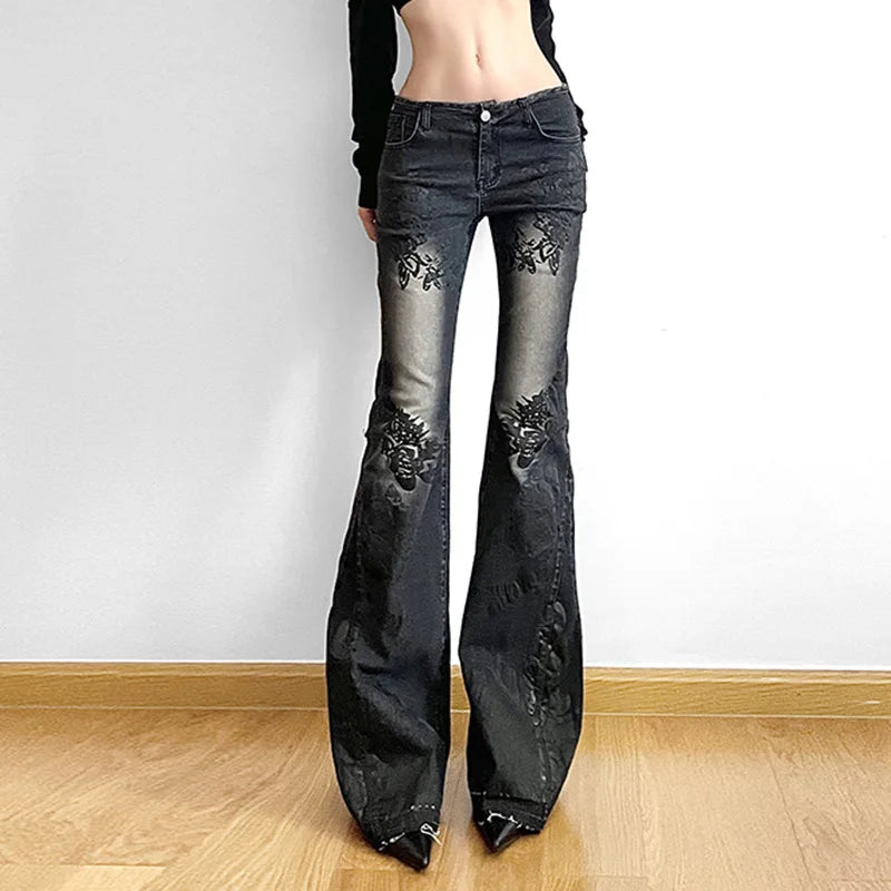 Vintage Low-Rise Flare Jeans for Women in Plaid Design