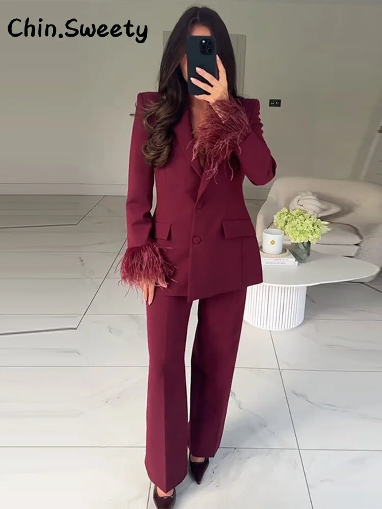 Chin.Sweety Women's Feather Blazer Pants Set for Office Wear