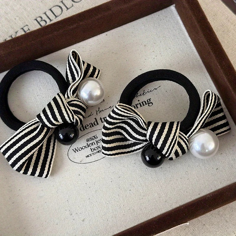 Pearl Striped Bow Scrunchies for Women Summer Headwear