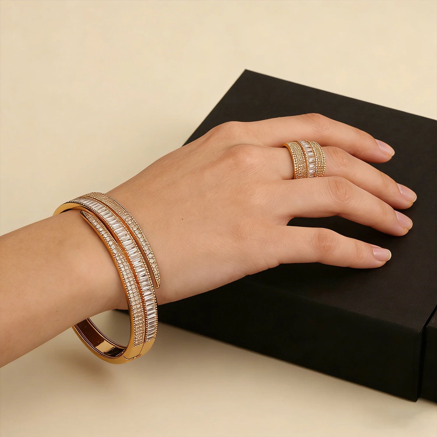 18K Gold Plated Bangle Ring Set for Women with CZ Stones