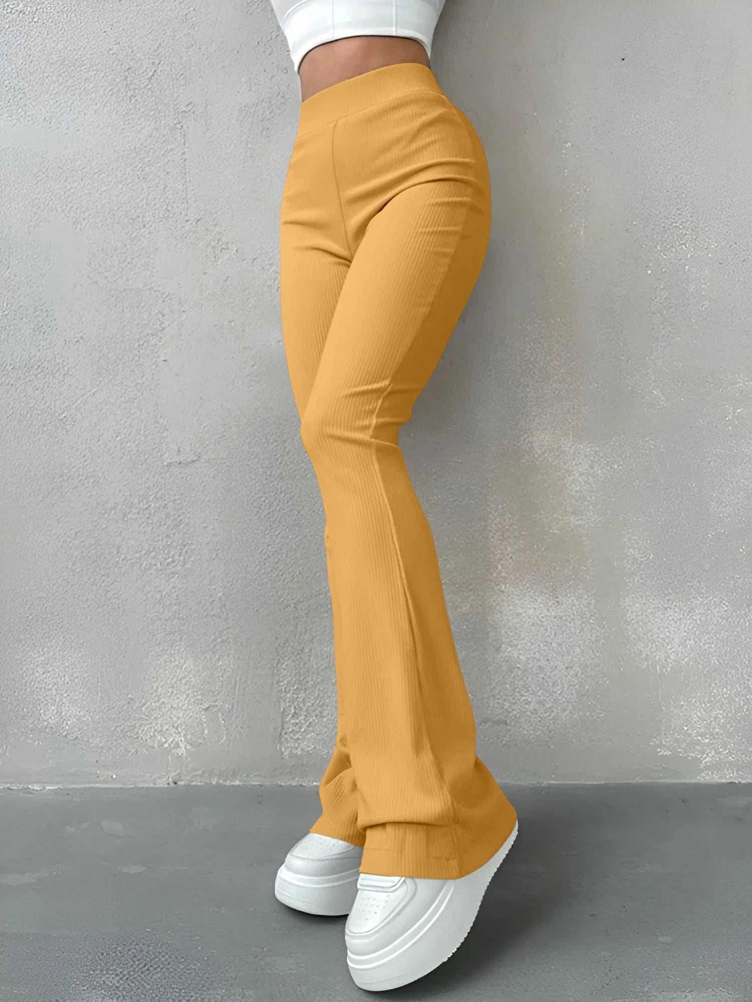 High Waisted Flared Pants for Women in Ribbed Solid Color
