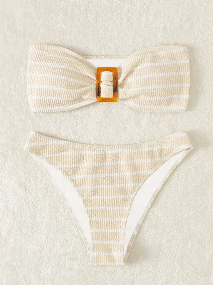 Bandeau Bikini Set in Solid Polyester Elastane for Women