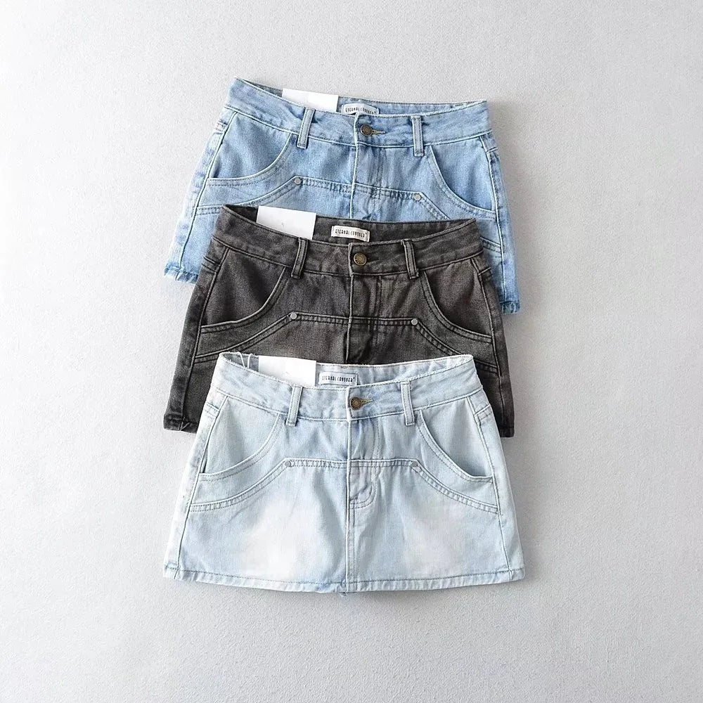 Women High Waist Denim Mini Skirt with Pockets