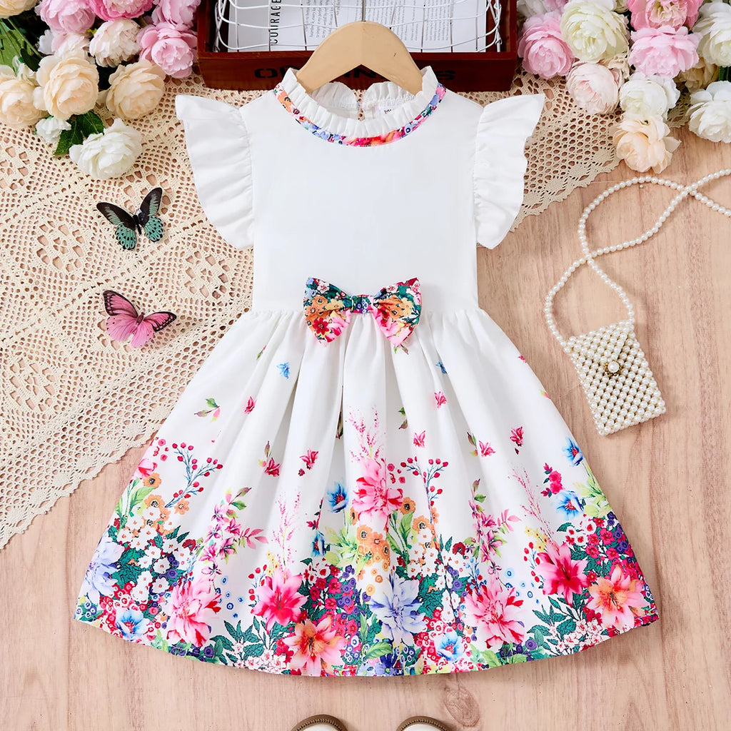 Denim Print Casual Dress for Girls with Bow and Ruffled Sleeves