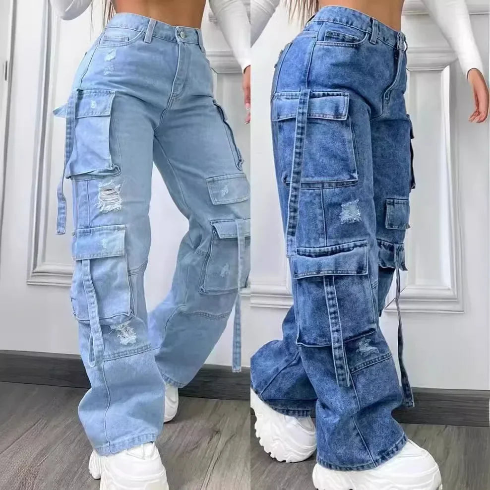 Ladies High Waist Denim Cargo Pants in Solid Color
