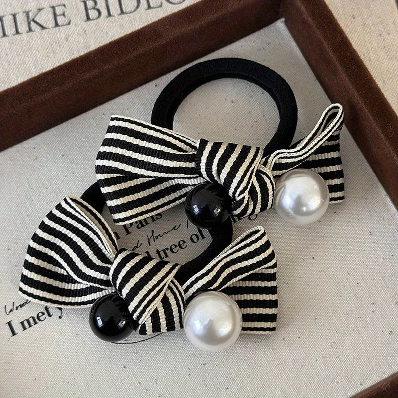 Pearl Striped Bow Scrunchies for Women Summer Headwear