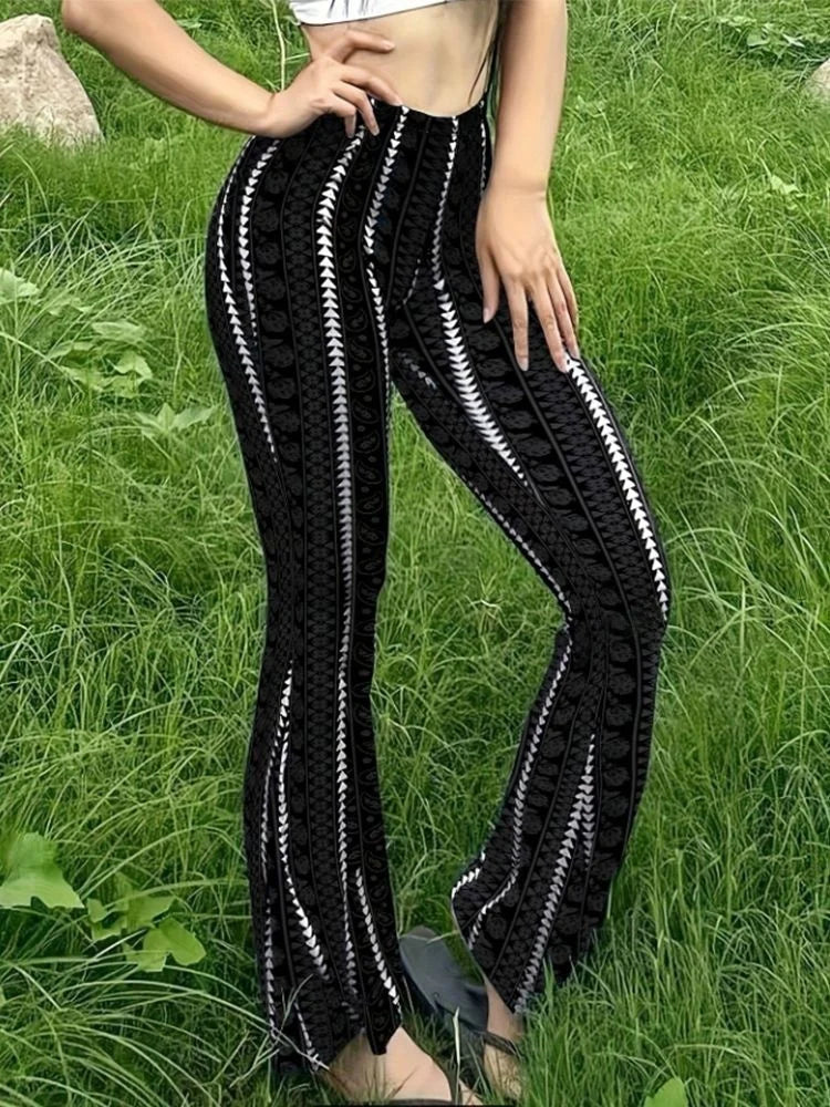 Flared Leggings for Women in Striped Print Casual Style