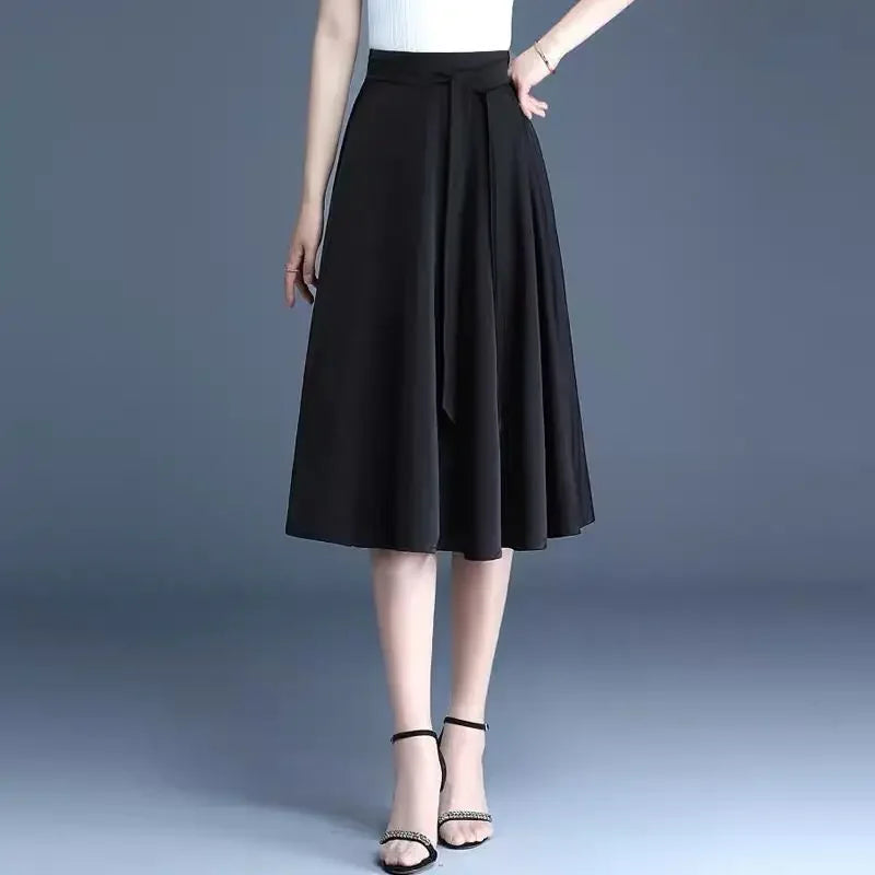 Cotton Blend A-Line Midi Skirt for Women with Lace-Up Detail