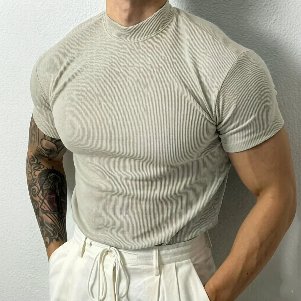 Man Fashion Tops Men's T-shirt Small High Collar Stripe Shirt Casual T-shirt Short Sleeve Fitness T shirt Men Sport Clothing