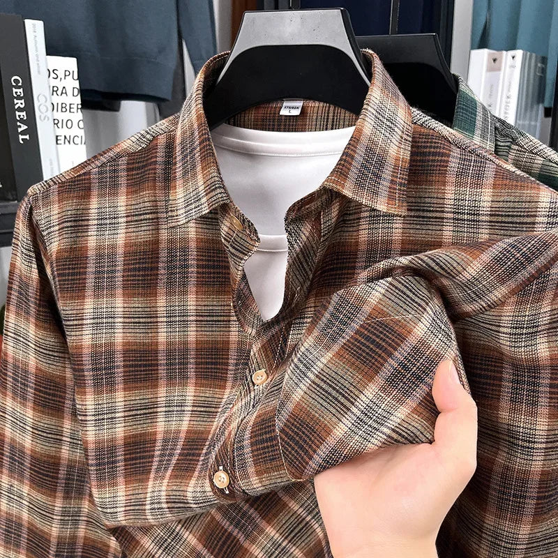 2026 Autumn New Men's Printed Striped Long Sleeved Shirt Casual Fashion Versatile Men's Top