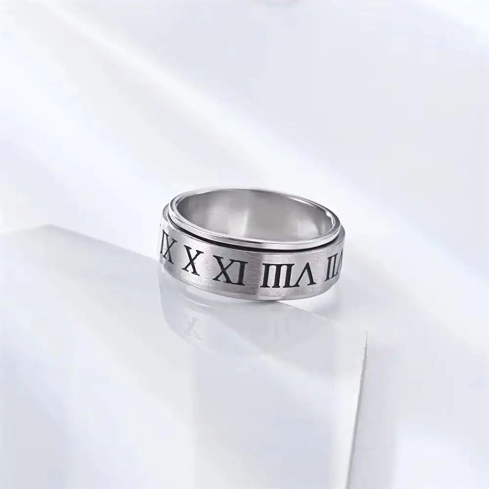 Fashionable men's rotating ring with niche design, stress relieving and anti anxiety casting, Roman numeral rotatable ring