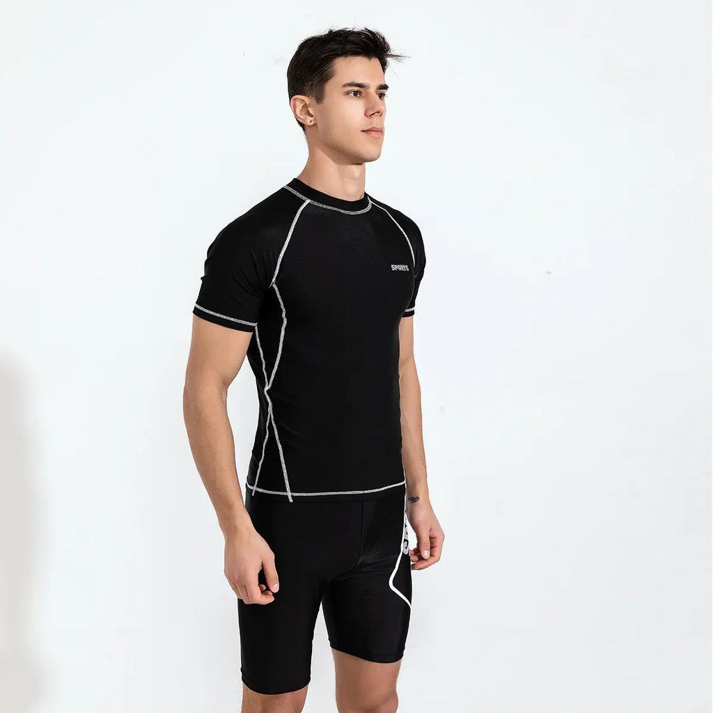 Men's Polyester Swimwear Set with Tight Elastic Shorts and Shirt