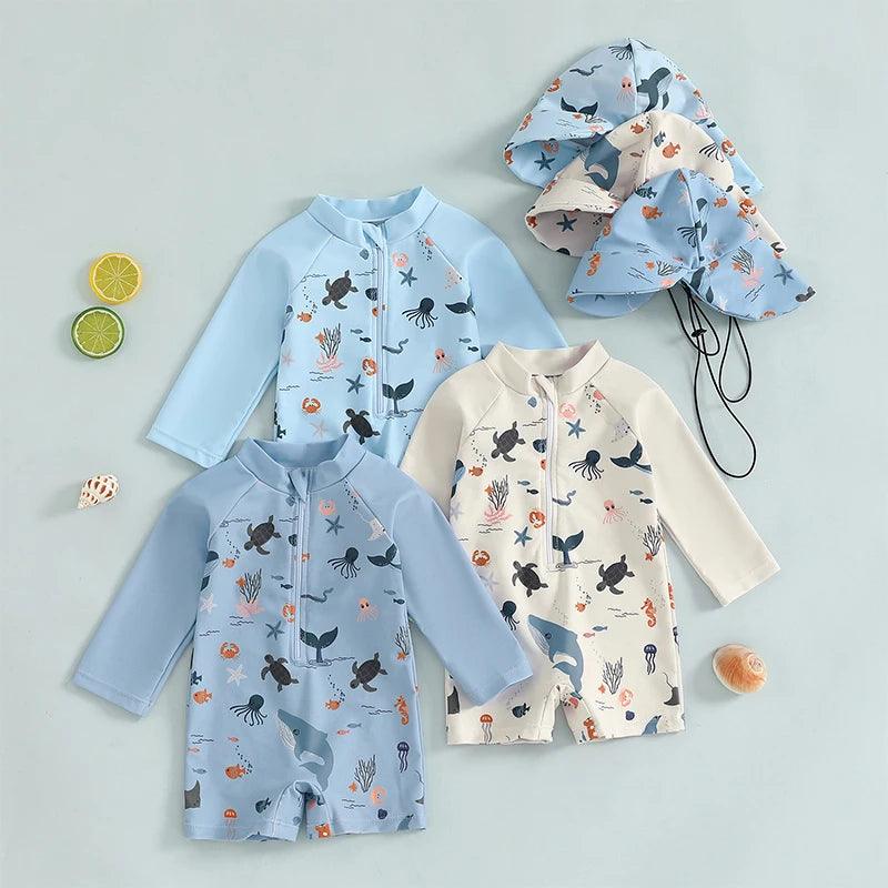 Boys Long Sleeve Marine Animal Print Swimwear with Hat