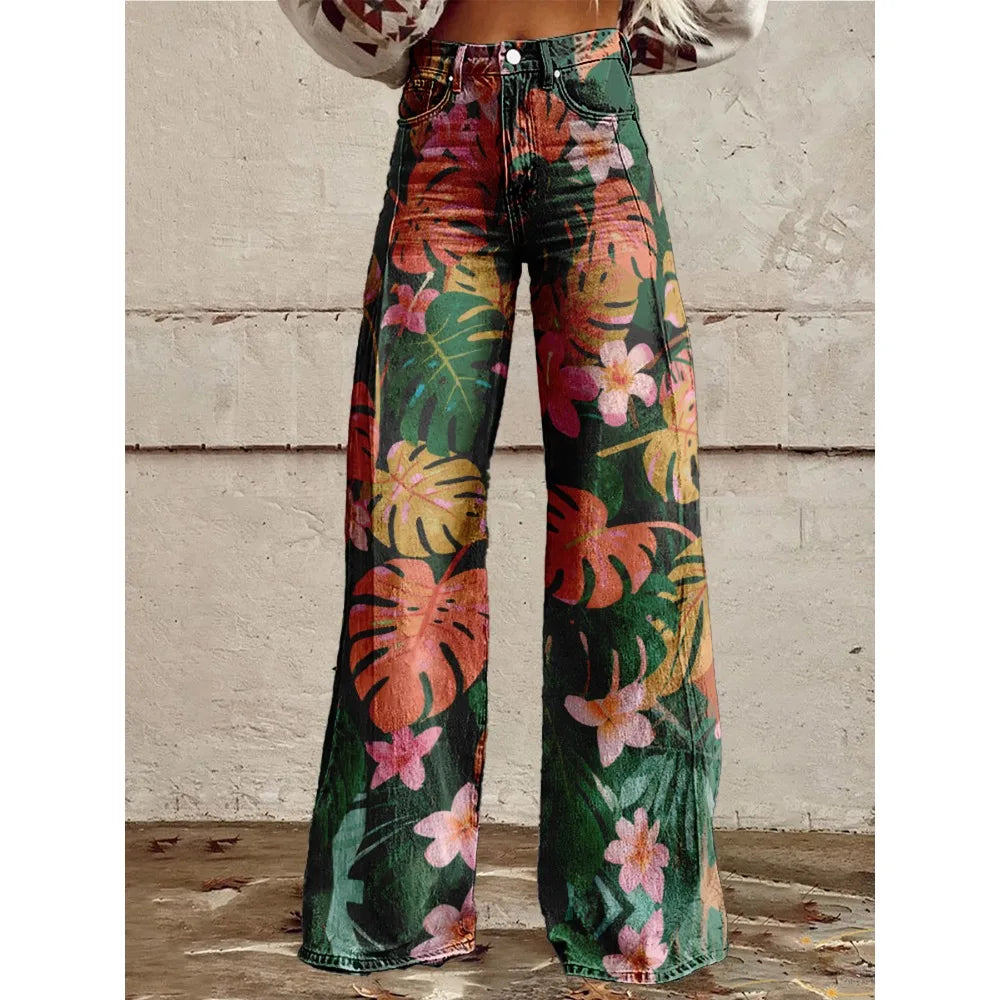 Colorful Tropical Leaf Print Wide Leg Pants for Women