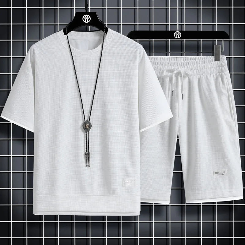 Men's Summer Waffle Set Brand Fashion Casual T-shirt Shorts Set Men's Sports Set Loose ComfortableSlow Running Quick Sports Suit
