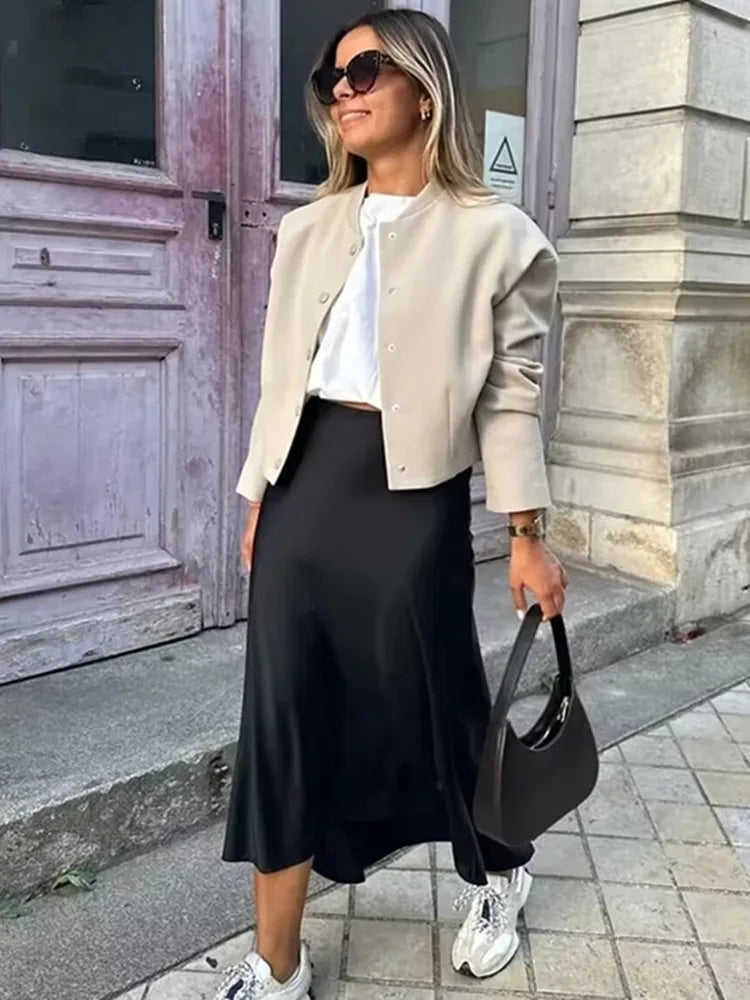 MUJER Satin Midi Skirt for Women in Elegant Polyester Satin