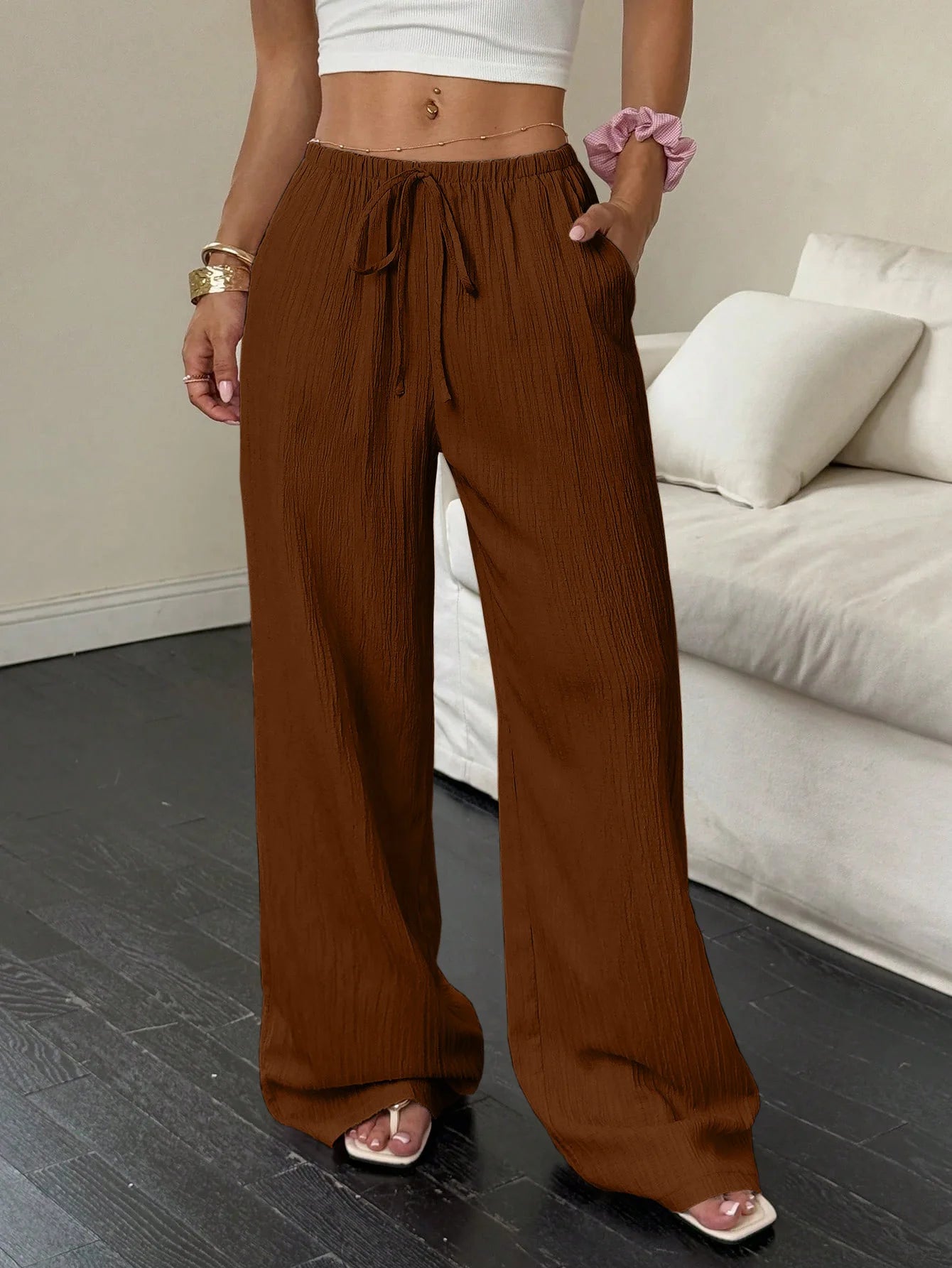 Women's Casual Solid Color Wide-leg Pants in Textured Fabric